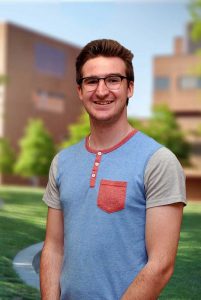 A three quarter portrait of Scott on the Library green.